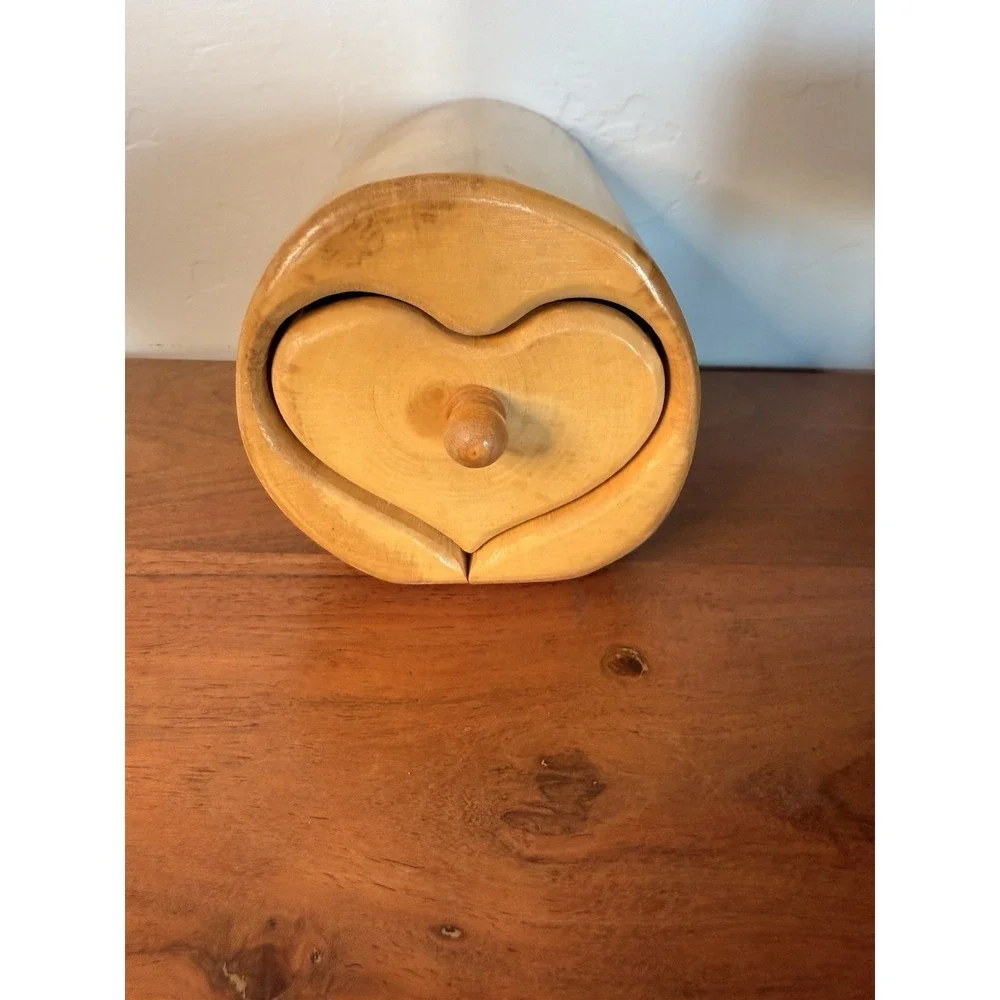 Unique Vintage Wooden Trinket Box 1 Drawer Heart Shape Hand Carved Handmade OOAK